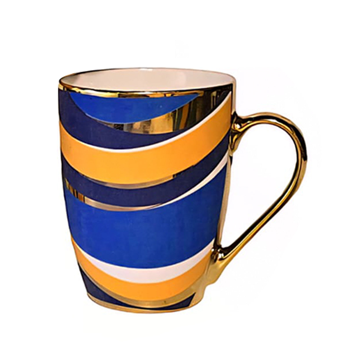 Ceramic Coffee Mug with Gold Handle – Blue & Yellow Swirl Pattern in waves