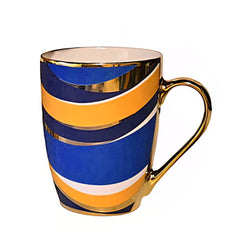 Ceramic Coffee Mug with Gold Handle – Blue & Yellow Swirl Pattern in waves