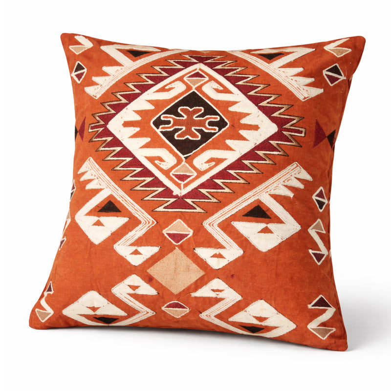 Rust Tribal Embroidered Cushion Cover 20x20 Inch – Boho Geometric Textured Decorative Pillow Cover - Habitt