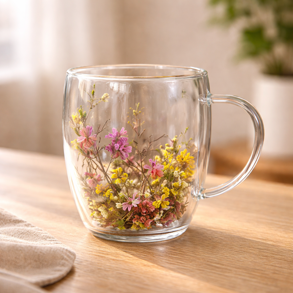 Flower Double Wall Glass Mug – Wildflower Purple Aesthetic Cup - Habitt
