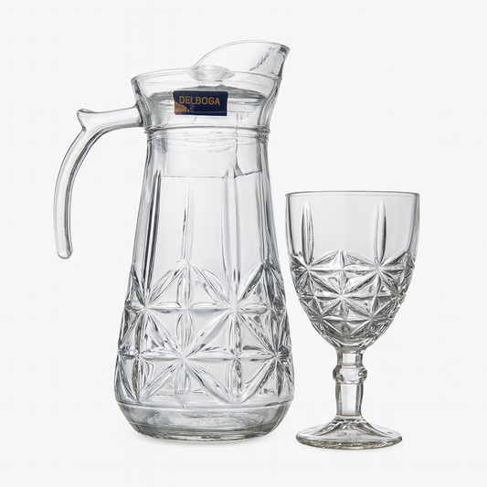 Smoke-Tinted 7-Piece Water Set – Diamond-Cut Jug with Stemmed Goblet Glasses (Pressed Glass)