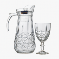 Smoke-Tinted 7-Piece Water Set – Diamond-Cut Jug with Stemmed Goblet Glasses (Pressed Glass)