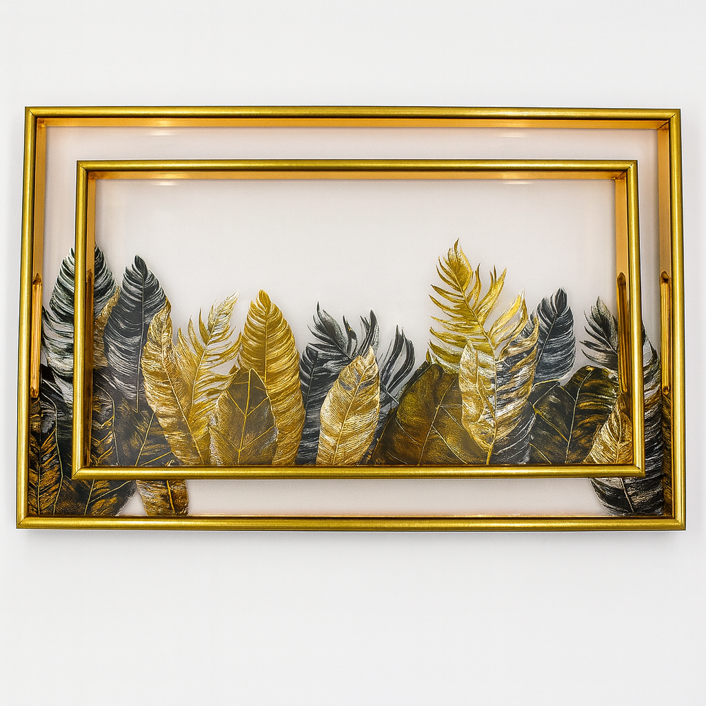 2-Piece Decorative Serving Tray Set | Gold Frame Rectangular Trays with Botanical Design & Handles