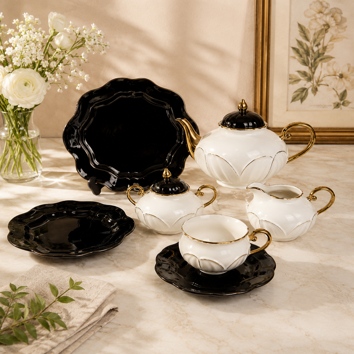 Forsacchi 26 Pcs Premium Porcelain Tea Set – Elegant White & Glossy Black Ceramic Tea Set with Gold Accent, Teapot, Cups, Saucers & Serving Plates for 6 Persons | Luxury Tea & Coffee Serving Set