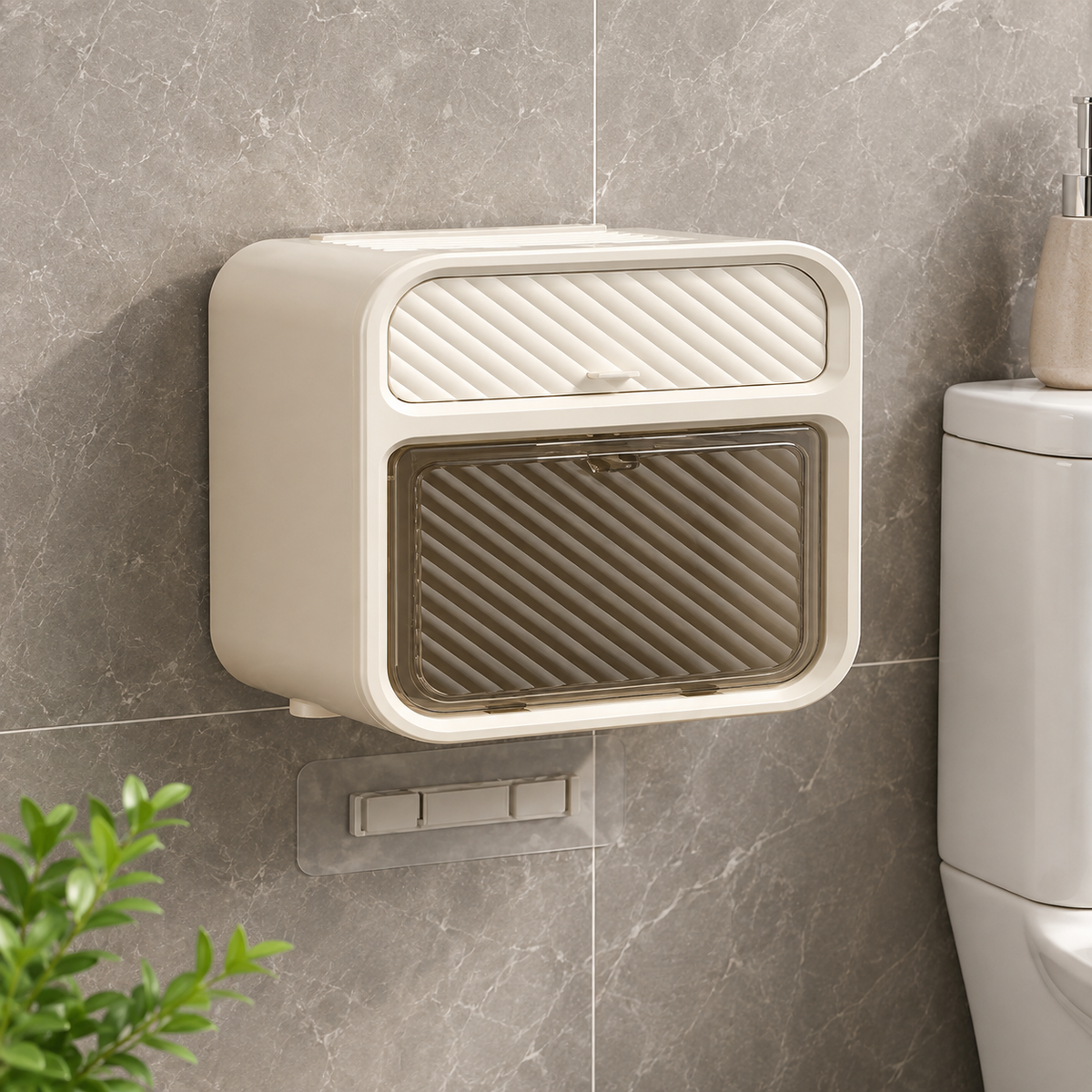 Washroom Toilet Paper Holder with Mini Storage Cabinet – Wall-Mounted Bathroom Tissue Roll Holder & Organizer