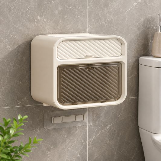 Washroom Toilet Paper Holder with Mini Storage Cabinet – Wall-Mounted Bathroom Tissue Roll Holder & Organizer
