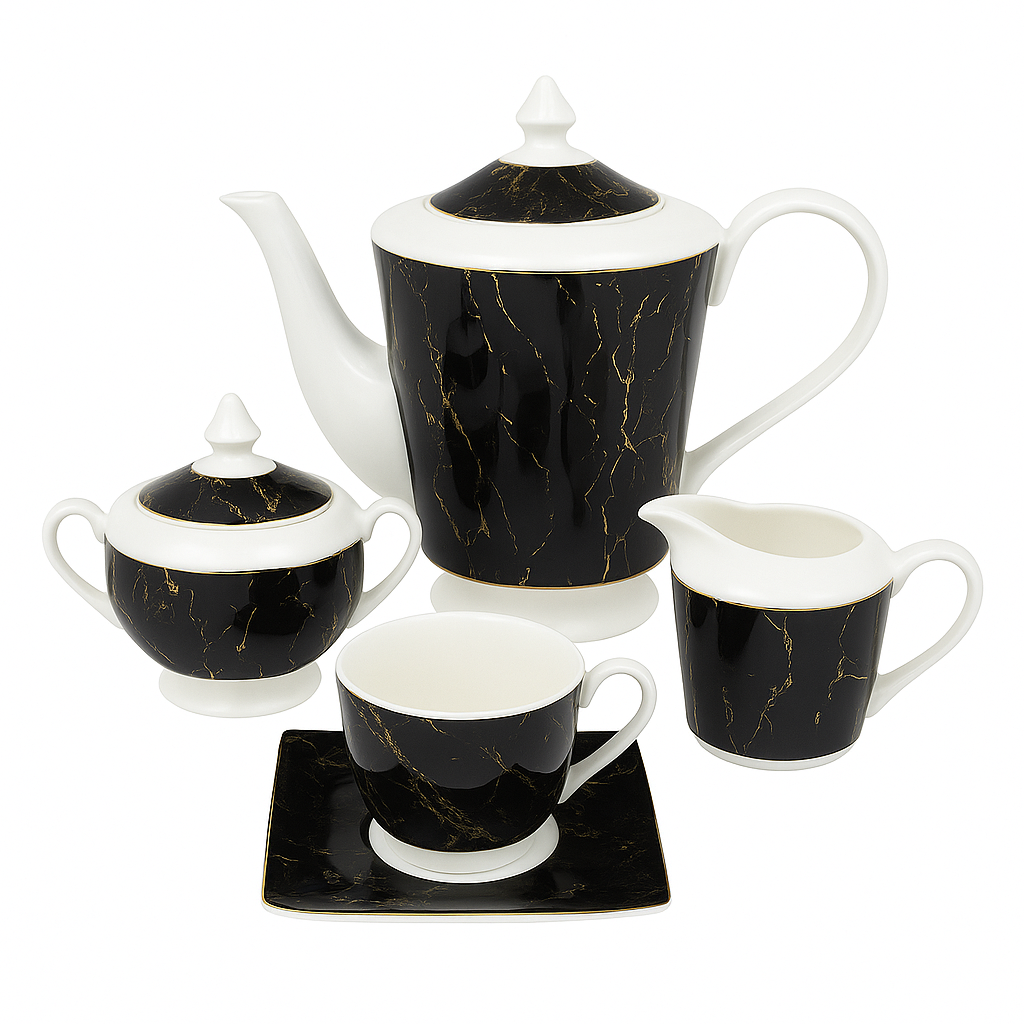 Luxury 15 Pcs Solecasa Coffee Set 746 – Black Marble Porcelain Tea & Coffee Service
