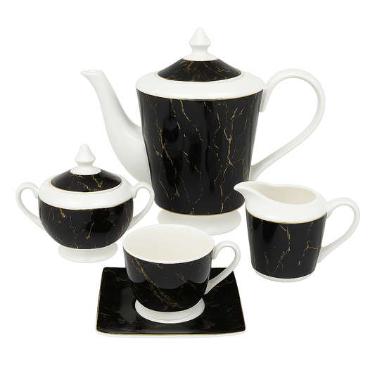 Luxury 15 Pcs Solecasa Coffee Set 746 – Black Marble Porcelain Tea & Coffee Service