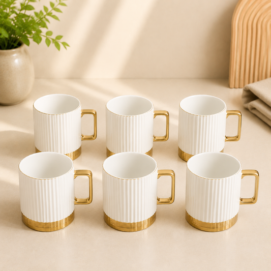 Luxury White Metal Mug Set | Ribbed Coffee & Tea Mugs with Golden Finish - Habitt