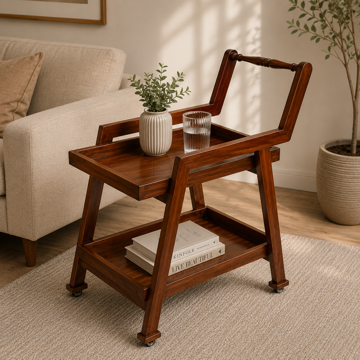 2-Step Sheesham Wood Tea Trolley with Wheels