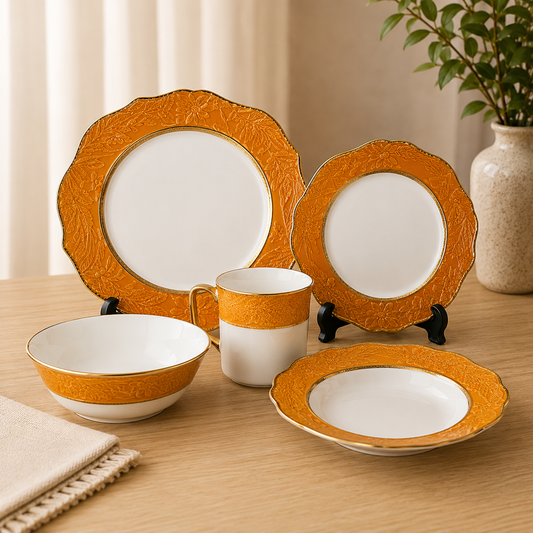 44-Piece Premium Porcelain Set  Elegant Mustard Yellow Embossed Design with Gold Rim | 6 Person Serving
