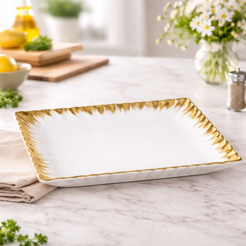 Square Plate – Elegant Serving Plate with Gold Detail - Habitt