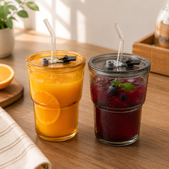 Assorted Small Masson Jar with Leather Cover & Straw – 350ml Premium Glass Tumbler