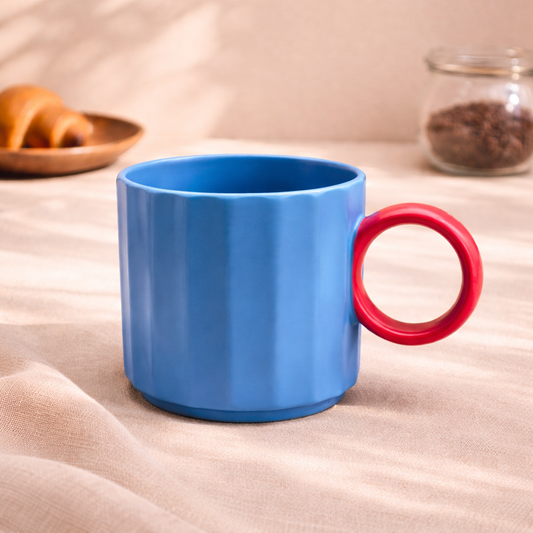Blue Textured Ceramic Coffee Mug | Ribbed Design Tea Cup with Contrast Handle - Habitt
