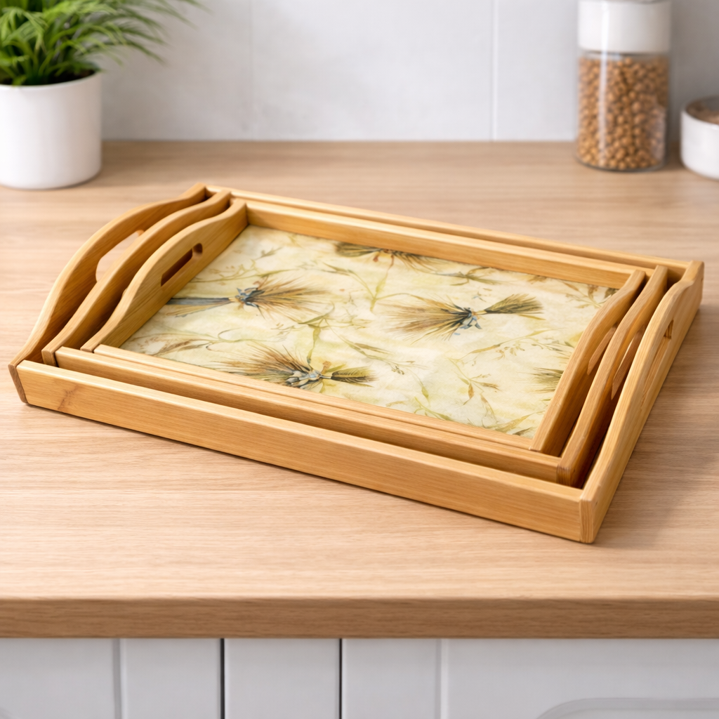 Tray Set 3PCS Wooden – Decorative Serving Trays with Handles - Habitt
