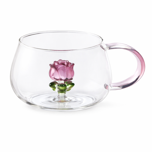 Flower Glass Mug 350 ML – Transparent Rose Design Tea & Coffee Cup - Habitt