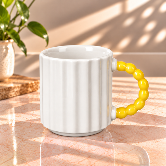 Pastel Ribbed Ceramic Coffee Mug with Beaded Handle – Cute Tea & Coffee Cup