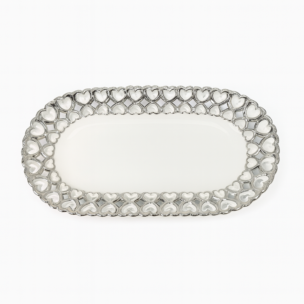 Super Dine Decorative Dish – White Ceramic Serving Tray with Silver Heart Border