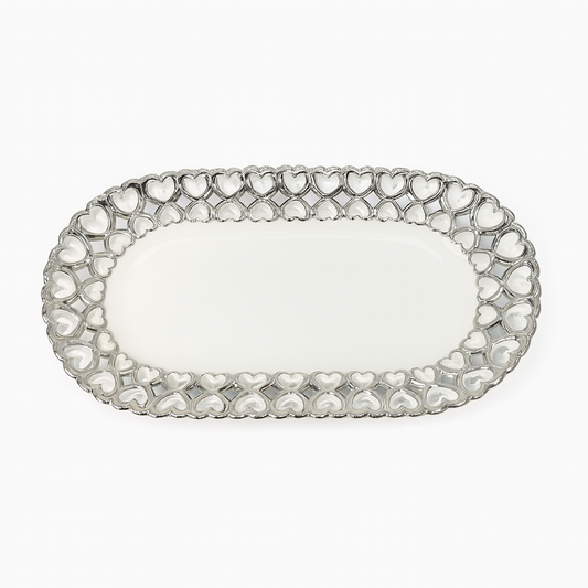 Super Dine Decorative Dish – White Ceramic Serving Tray with Silver Heart Border