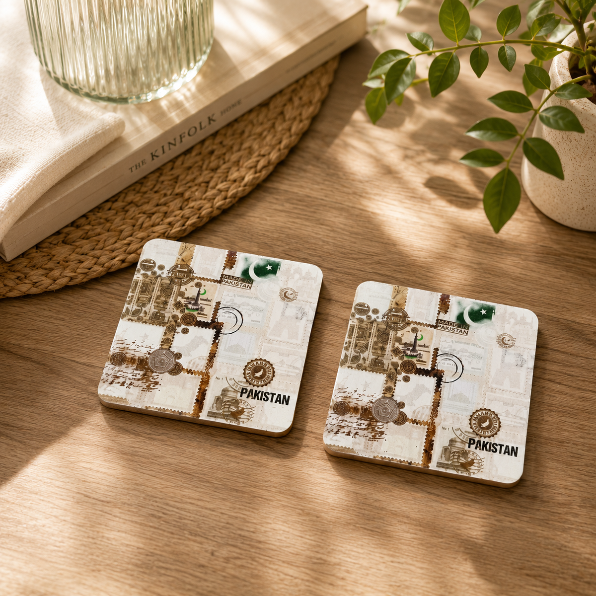 Ivory Stamp Wooden Square Coaster Set of 2 Pcs PK