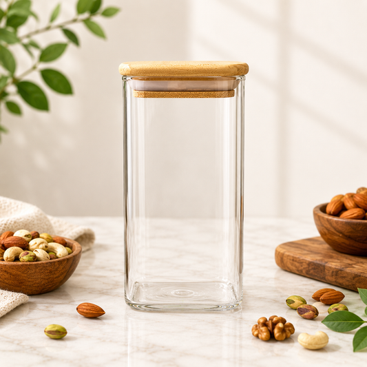Transparent Storage Jar with Wooden Lid, Tall Rectangular Shape, Clear, Large - Habitt