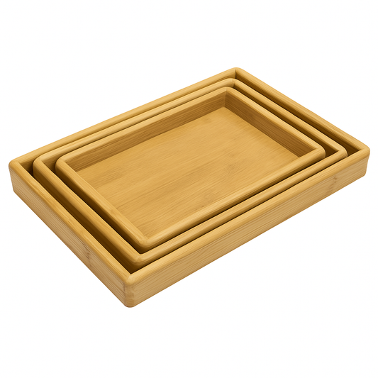 Set of 3 Wooden Serving Trays with Handles – Nested Rectangular Kitchen & Dining Trays