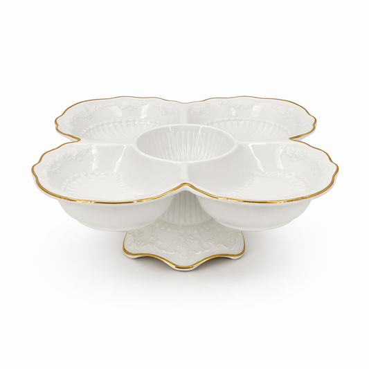5-Section White Porcelain Snack Dish with Base and Gold Trim – Elegant Divided Serving Bowl