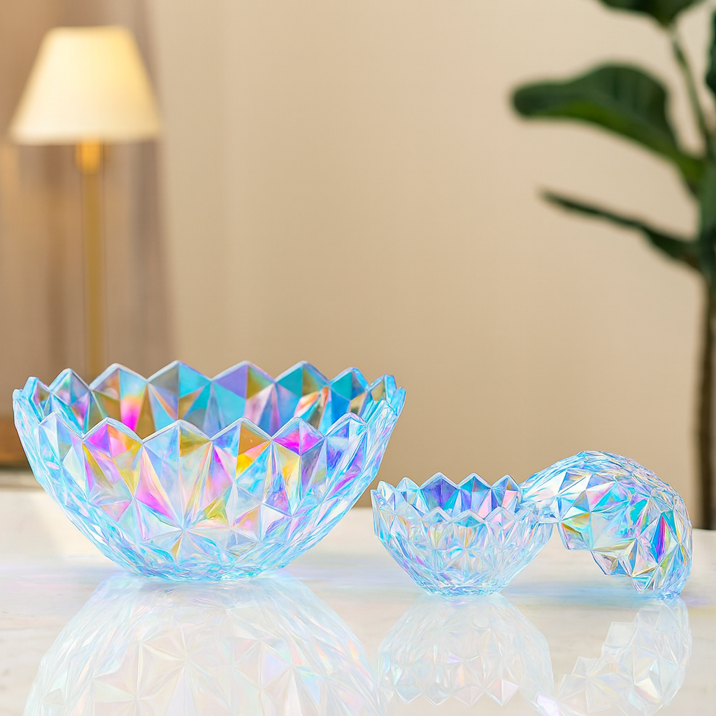 Iridescent Pressed-Glass 7-Piece Fruit Bowl & Serving Set – Colour-Tinted Crystal Design