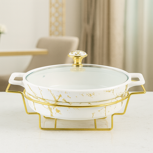11.5" Round Marble-Design Ceramic Casserole With Gold Candle Stand – Elegant Warm-Serving Dish