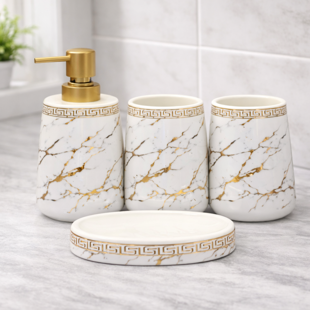 4-Piece Bathroom Accessories Set – White & Black with Gold Leaf Design Soap Dispenser, Toothbrush Holder & Soap Dish (Copy) - Habitt