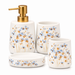 4-Piece Floral Bathroom Accessories Set – White with Blue Flower Design Soap Dispenser, Toothbrush Holder & Soap Dish - Habitt