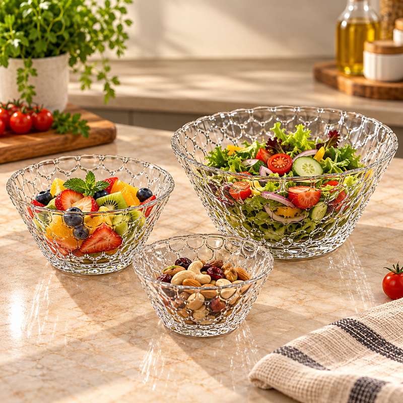 7-Piece Fruit Set 2.18L & 360ml – Clear Glass Serving Bowl Set