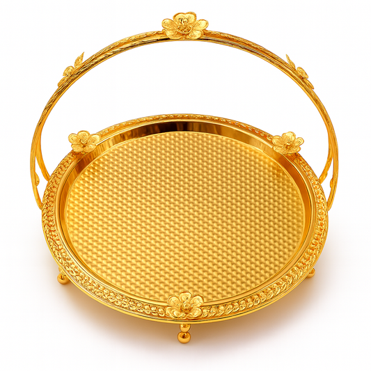 Floral Round Basket – Medium Gold Decorative Serving & Display Basket