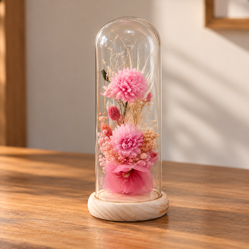 Dome Flower Glass LED Jar Small – Decorative Floral Glass Dome Pink, White, Purple, and Orange,