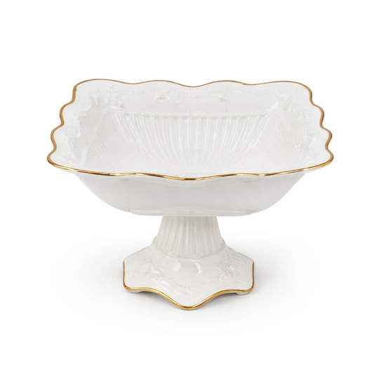 Medium White Porcelain Fruit Bowl with Gold Trim – Elegant Pedestal Serving Bowl