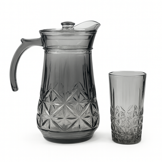 Smoke-Tinted 7-Piece Water Set – Star-Cut Design Jug & Tumblers (Pressed Glass)