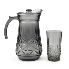 Smoke-Tinted 7-Piece Water Set – Star-Cut Design Jug & Tumblers (Pressed Glass)