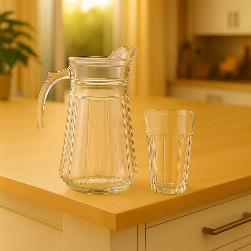 Ribbed Crystal-Style Glass Water Set – 7-Piece Set (1.2 L Jug + 370 mL Glasses)