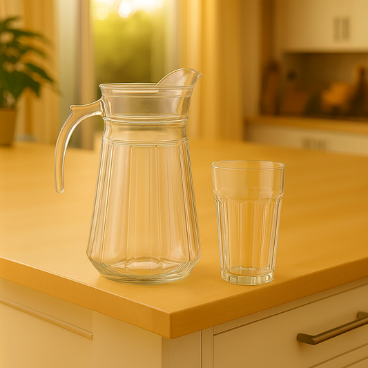 Ribbed Crystal-Style Glass Water Set – 7-Piece Set (1.2 L Jug + 370 mL Glasses)