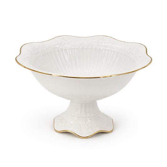 Medium White Porcelain Fruit Bowl with Gold Trim – Elegant Pedestal Serving Bowl