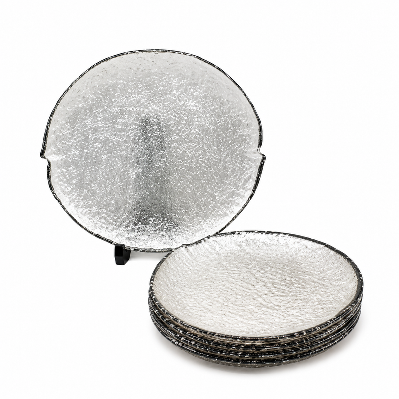 7 Pcs Cake Set – Textured Serving Plate Set in Black, Iridescent, Green, Grey, Pink, Amber, Brown, Red, Golden & Clear