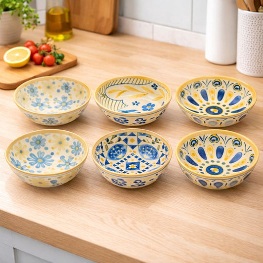 6-Piece Ceramic Bowl Set – Yellow & Blue Hand-Painted Style Bowls