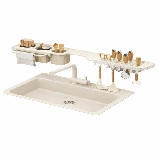 Foldable Wall Mounted Kitchen Organiser – Adjustable Sink Storage Rack with Hooks & Drain Tray - Habitt
