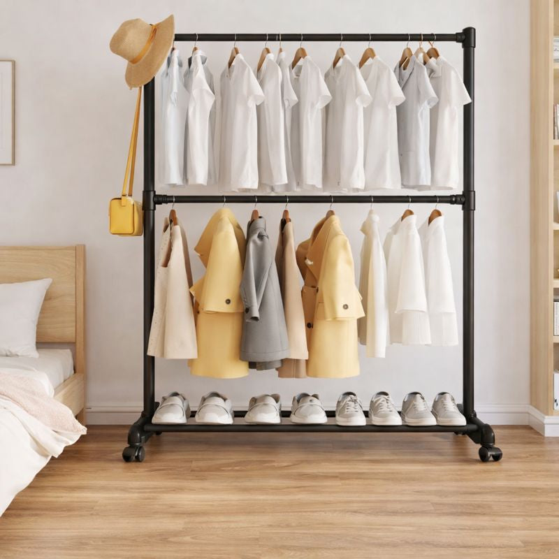 Double Pole Storage Cloth Rack – Heavy-Duty Garment Organizer with Shelves