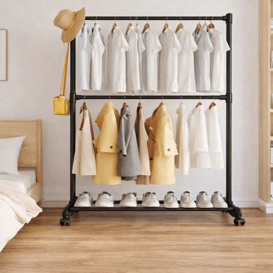 Double Pole Storage Cloth Rack – Heavy-Duty Garment Organizer with Shelves