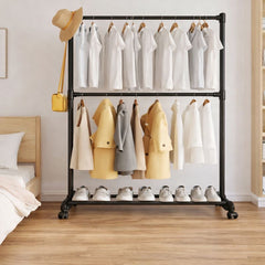 Double Pole Storage Cloth Rack – Heavy-Duty Garment Organizer with Shelves