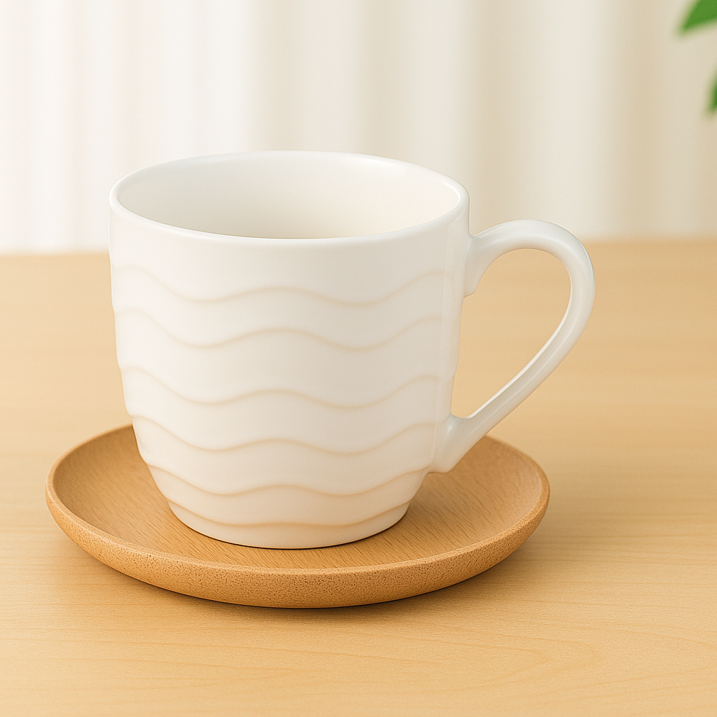 6 Pcs Cups & Bamboo Saucers – White Ceramic Tea Set