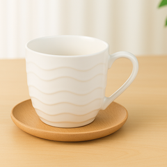 6 Pcs Cups & Bamboo Saucers – White Ceramic Tea Set