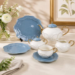 Forsacchi 25 Pcs Premium Porcelain Tea Set – Elegant White & Sky Blue Ceramic Tea Set with Gold Accent, Teapot, Cups, Saucers & Serving Plates for 6 Persons | Luxury Tea & Coffee Serving Set