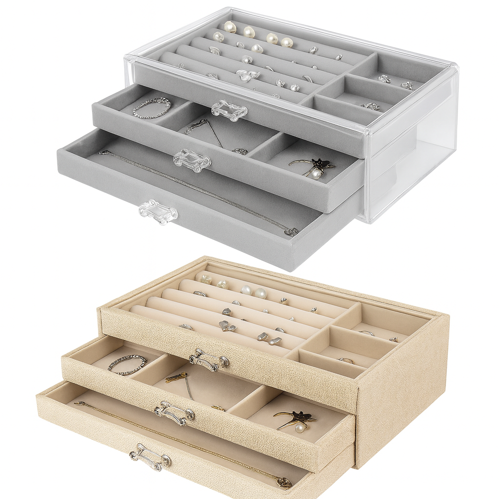 3-Layer Acrylic & Velvet Jewelry Box – Multi-Drawer Organizer for Rings, Earrings, Bracelets & Accessories (Grey / Beige)
